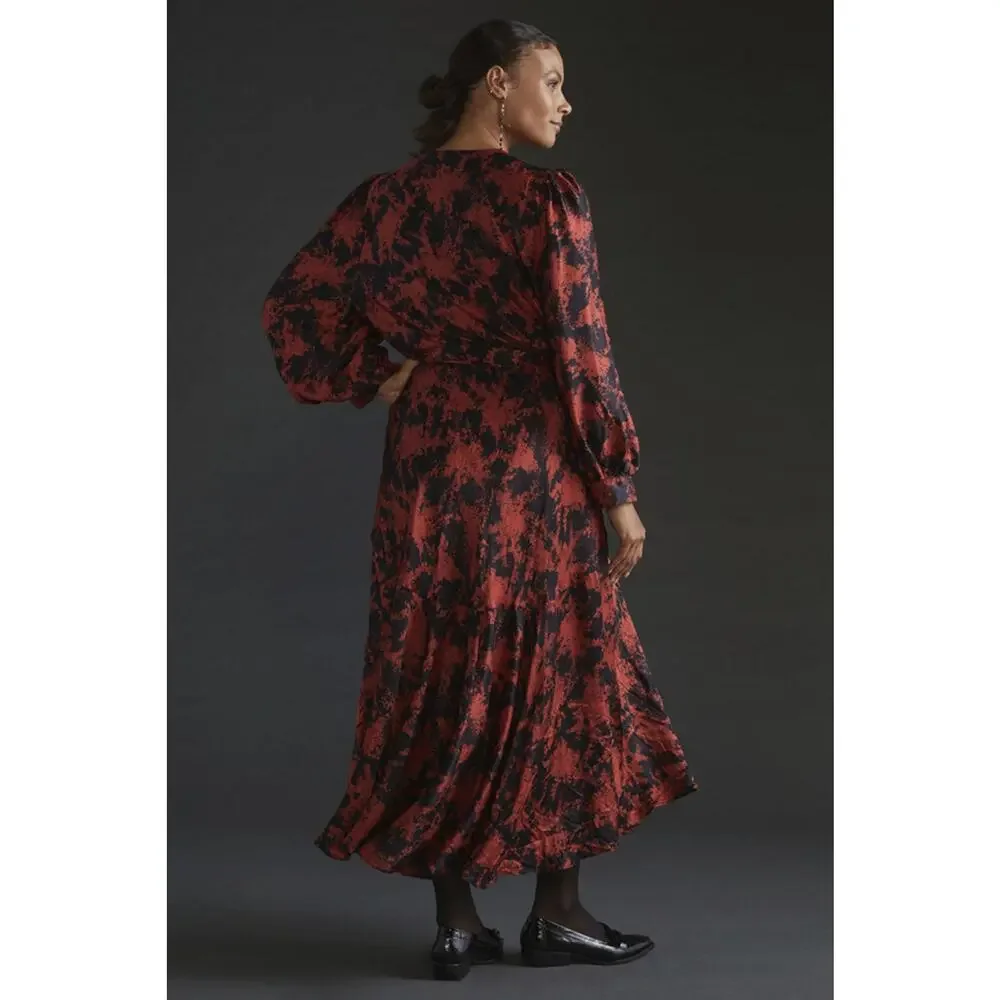 Anthropologie x Caballero Silky Abstract Wrap Midi Dress Red & Black Anthro XS - Picture 13 of 16
